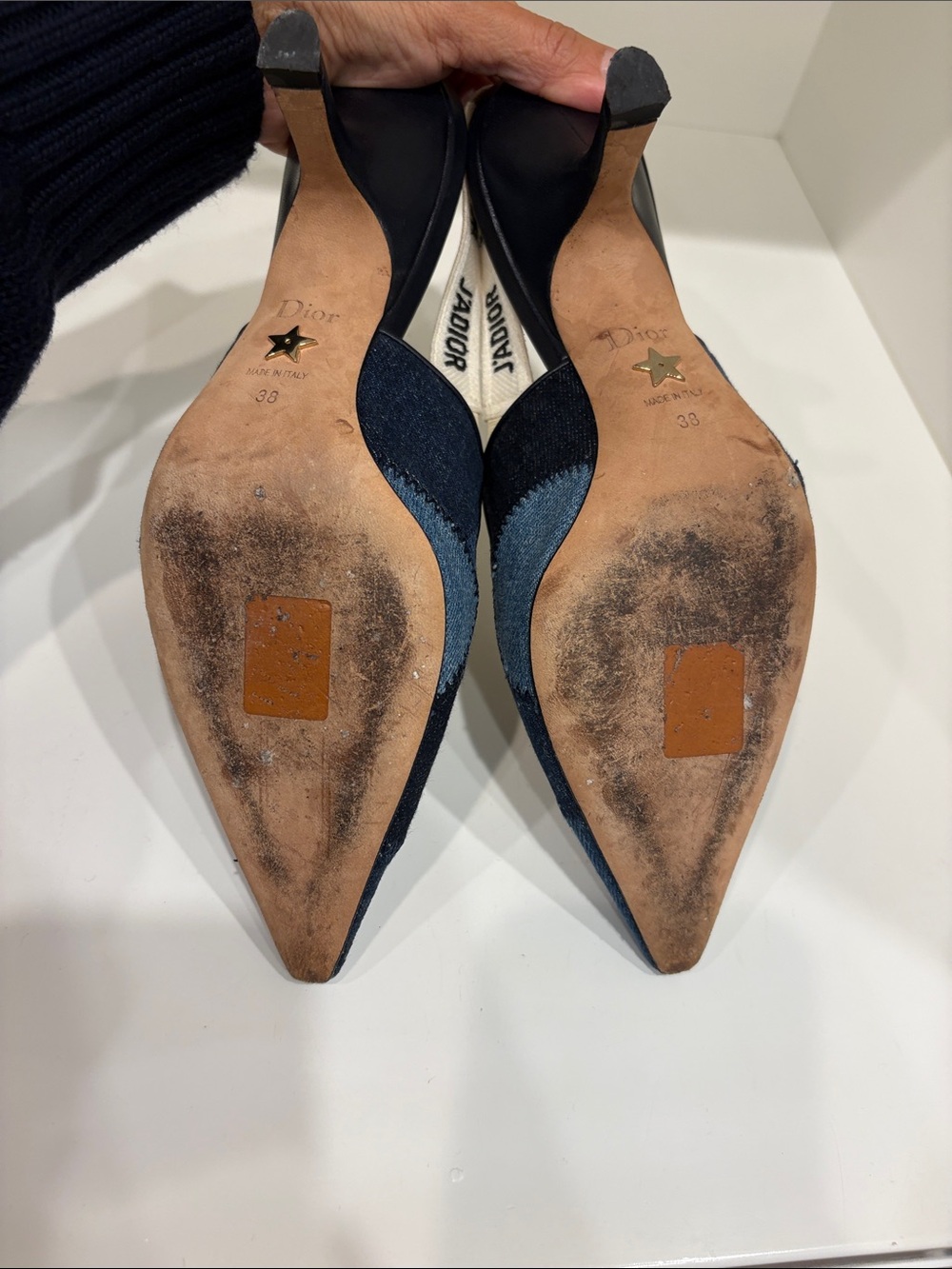 Dior Two-Tone Denim Pointed Slingback Pumps in Dark and Light Blue - Picture 4 of 4